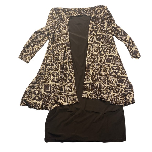 R&M Richards Dresses & Skirts - R&M Richards Womens Brown Geometric Mock Jacket Dress Size 10 Midi Layered Look